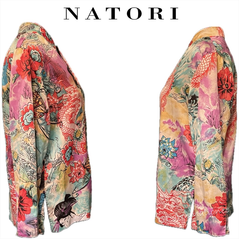 Satin NATORI Button Mandarin Collar Geisha Asian Dragon Print Long Sleeve Top S - Picture 3 of 6